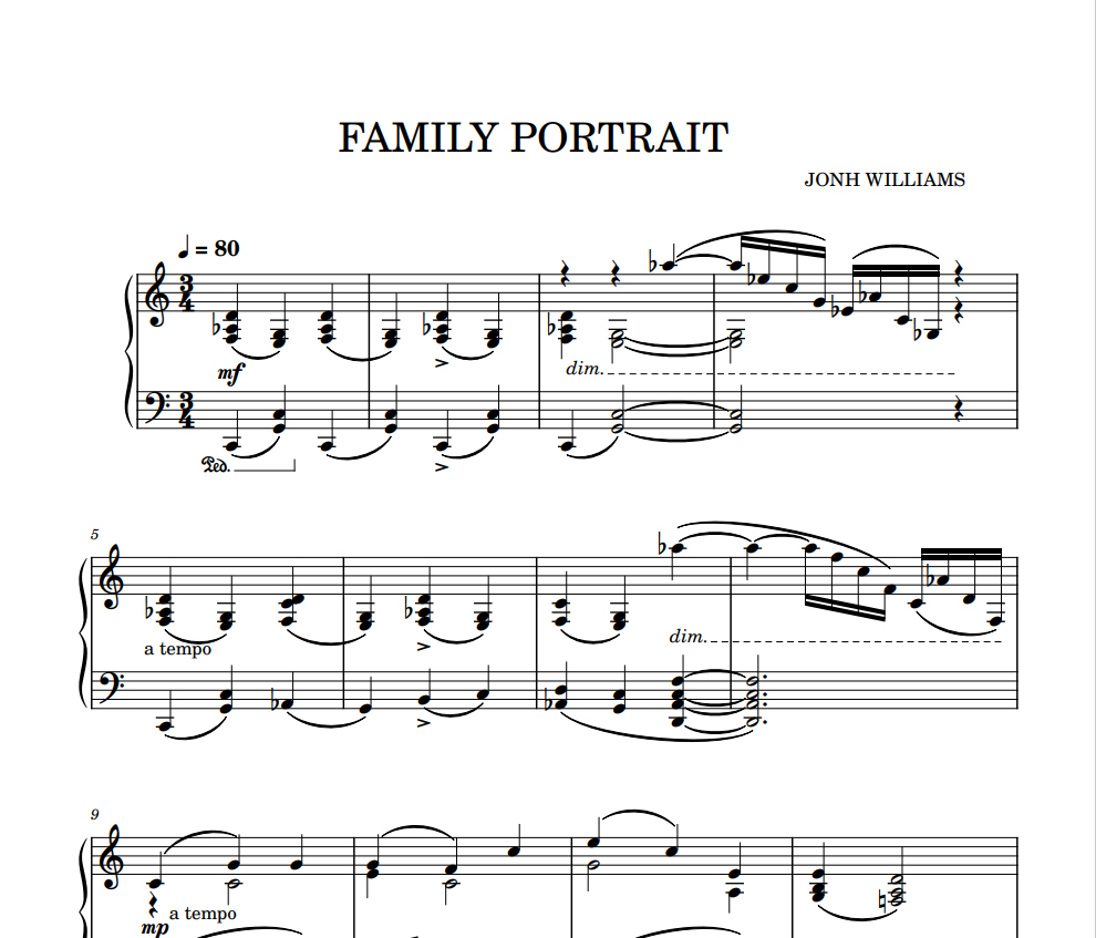 Jonh Williams - Family Portrait sheet music   for piano Theme from Harry Potter